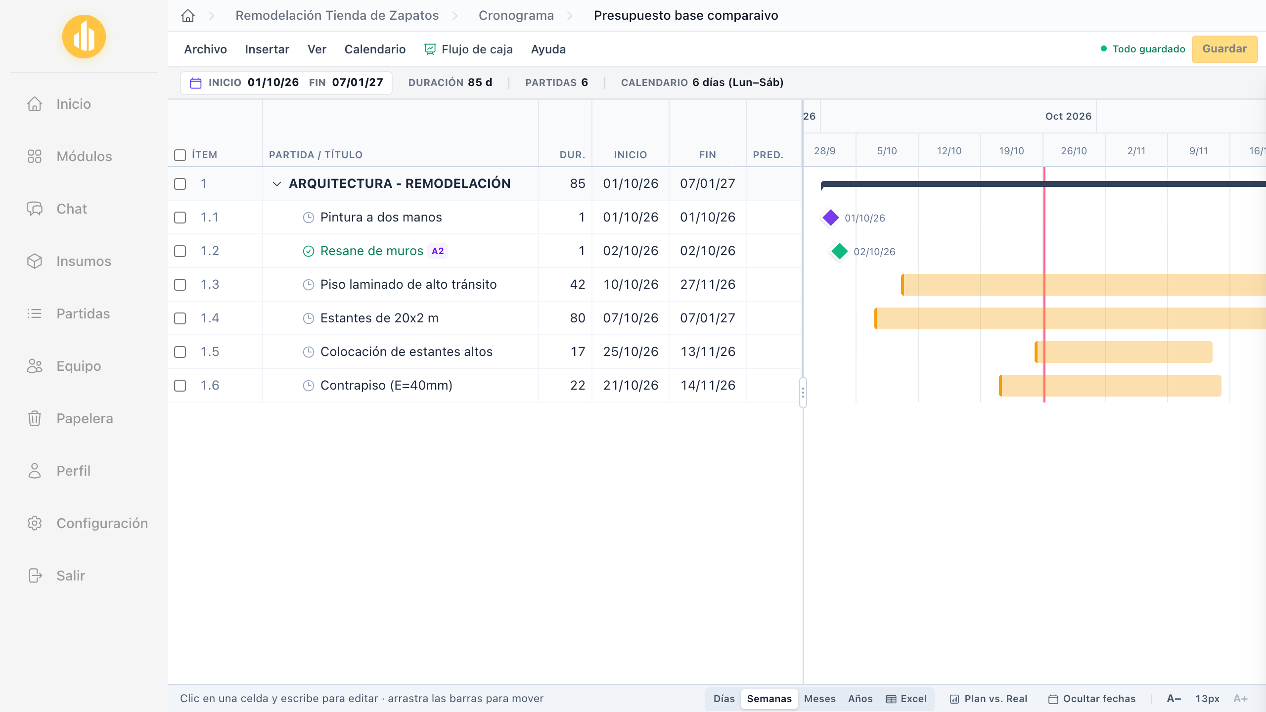 Konstru360 — Cronograma: Cronograma Gantt con días hábiles y autoguardado